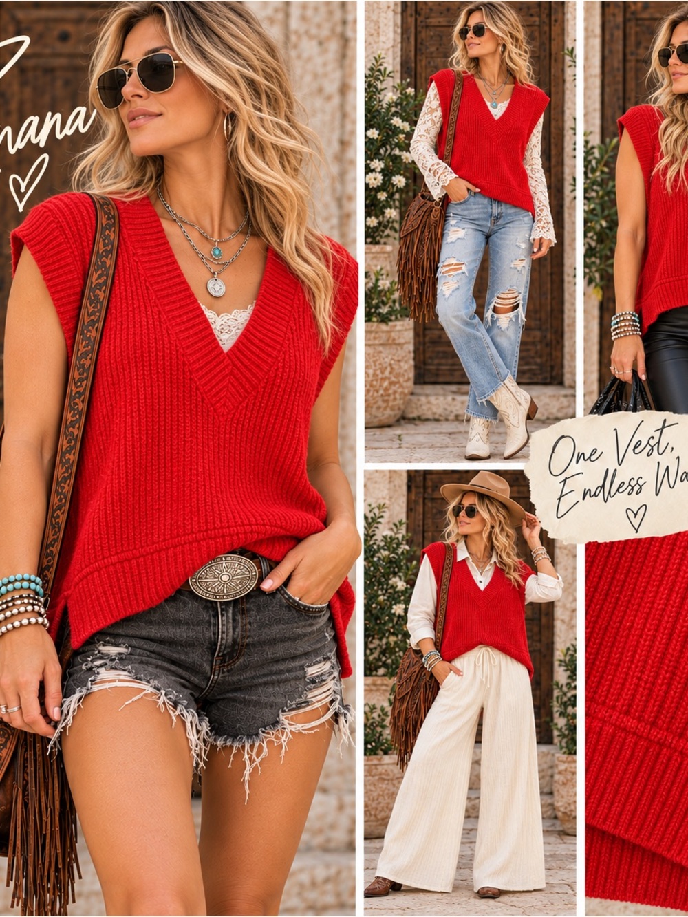 Zenana Outfitters Red V-Neck Knit Vest Sweater